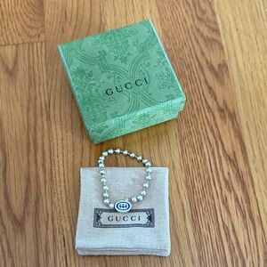 Gucci Silver Beaded Bracelet with Blue Detail